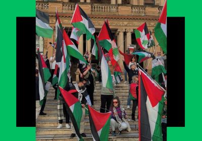 Artwork and photo of protestors holding Palestinian flags.