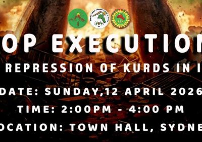 Artwork and graphic for event Stop Execution: End repression of Kurds in Iran, 1pm 12/04/2026 Sydney Town Hall, 483 George St, Sydney NSW 2000