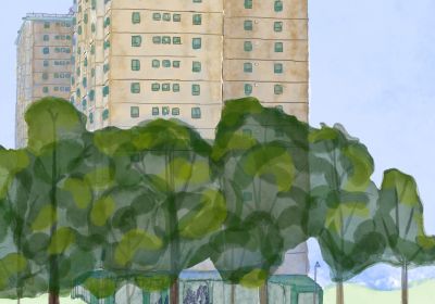 Cropped image of water colour painting of public housing