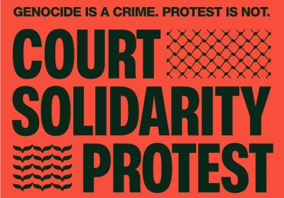 Artwork and graphic for event Court Solidarity Protest: Drop the Herzog protesters' charges now! 8:30am 22/04/2026 Downing Centre Court, 143 Liverpool St, Sydney NSW 2000