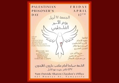 Artwork and graphic for event Palestinian Prisoners Day – Muloobinba, 9am 17/04/2026 Sharon Claydon's office, 427 Hunter St Newcastle, NSW 2300