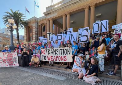 Protesters gathered on the steps of Newcastle Town Hall. Photo: Peter Boyle