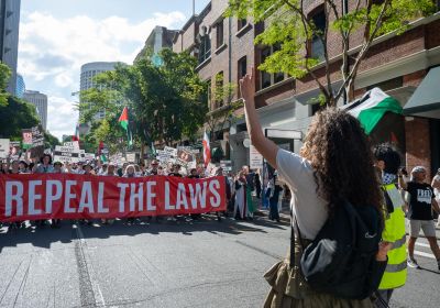 Justice for Palestine 'Repeal the laws' banner, April 19