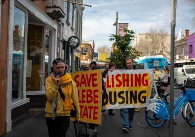 Rachel Evans and Isaac Nellist campaigning against public housing demolitions in Glebe