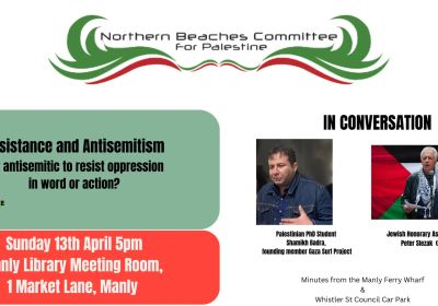 Artowrk and graphic for event Resistance and Antisemitism: Is it antisemitic to resist oppression in word or action? 7pm 13/05/2025 Manly Library, 1 Market Ln, Manly NSW 2095