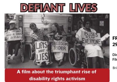Slide advertising the screening of 'Defiant Lives'.