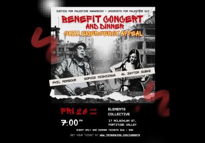 Artwork and graphic for event Benefit Concert & Dinner: Gaza Emergency Appeal, 7pm-11pm 26/06/2026 EC Venue, 17 McLachlan St, Fortitude Valley QLD 4006