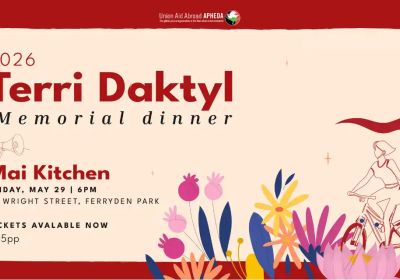 Artwork and graphic for event 2026 Terri Daktyl Memorial Dinner, 6pm-11pm 29/05/2026 Mai Kitchen Restaurant, 1-5/34 Wright St, Ferryden Park SA 5010