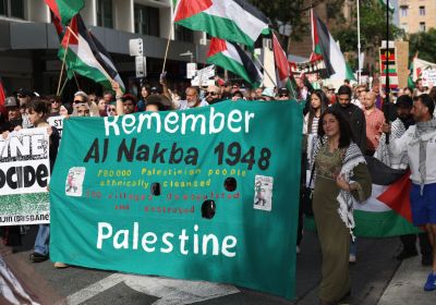 remember al nakba 1948 lead banner at brisbane nakba day rally 