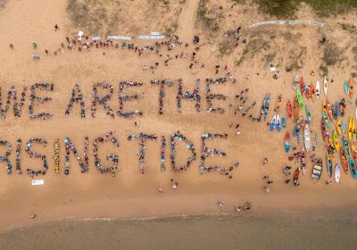 rising tide beach drone shot