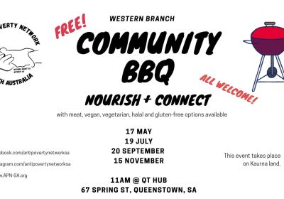 Artwork and graphic for for event APN-SA Western Branch Community BBQ 11-2pm on 17 May, 19 July, 20 September and 15 November, QT Hub, 67 Spring St, Queenstown SA 5014, Australia