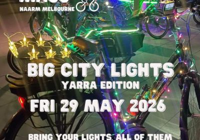 Artwork and graphic for event Critical Mass Big City Lights – Yarra Edition, Meet 5:30pm 29/07/2026 State Library Victoria 328 Swanston St, Naarm VIC 3000