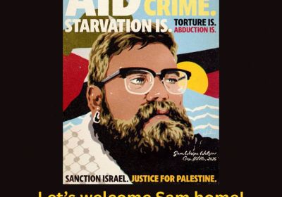 Artwork and graphic for event Aid is not a crime: Let's welcome home Sam, 5pm 26/05/2026 Brisbane Domestic Airport
