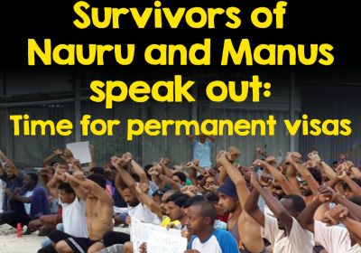 Artwork and graphic for event Survivors of Manus and Nauru speak out: Time for permanent visas, 6pm 01/06/2026 NSW Teachers Federation, 23-33 Mary Street, Surry Hills NSW 2010