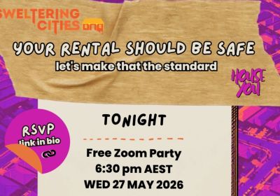 Artwork and graphic for event Zoom party: Your Rental Should Be Safe, 6:30pm 27/05/2026 online