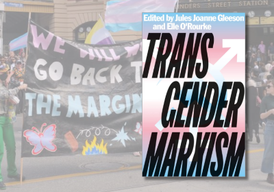 book cover against a background photo of a trans right protest