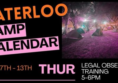 Artwork for event Save Waterloo Housing legal observers training, 5pm-6pm 11/06/2026 Save Waterloo Encampment, 251 Cope St Waterloo NSW 2017