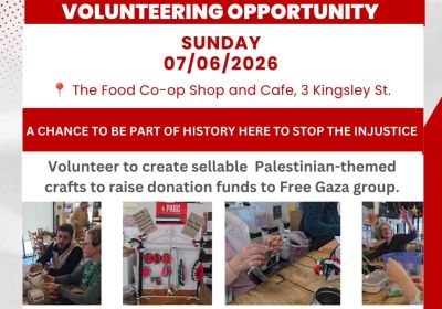 Artowrk and main image for event listing "Craft for a Cause: Fundrasing for Gaza" 1pm-4pm 07/06/2026 The Food Co-op Shop and Cafe, 3 Kingsley St, Canberra ACT 2601
