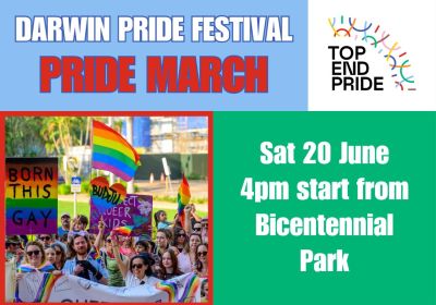 Artwork and main image for event listing "Darwin Pride March 2026" Bicentennial Park, Esplanade, Garramilla NT 0800