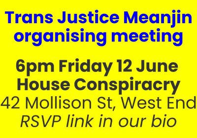 Artwork and main image for event listing "Trans Justice Meanjin organiser meeting" 6pm 12/06/2026 House Conspiracy, 42 Mollison St, West End QLD 4101