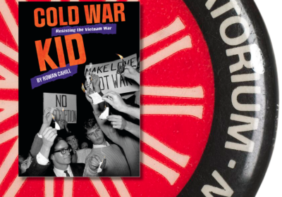 book cover and anti-war badge
