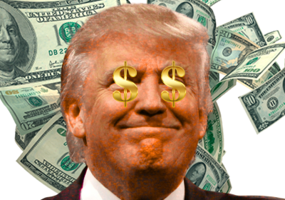 Trump with dollar signs for eyes