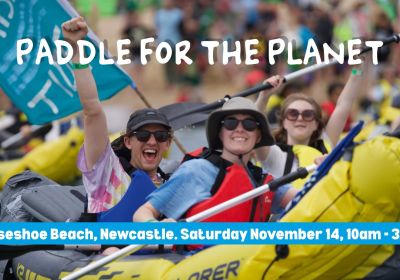 Artwork and main image for event listing "Paddle for the Planet" 10am-3pm 14/11/2026 Horseshoe Beach, Horseshoe Bend Road, Muloobinba NSW 2300