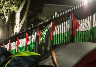 Tents and Palestinian flags at a picket of Bisalloy Steel.