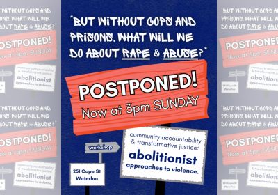 Artwork and main image for event listing "Community Accountability and Transformative Justice: Abolitionist approches to violence" 3pm 14/06/2026 Save Waterloo Encampment, 251 Cope St, Waterloo NSW 2017