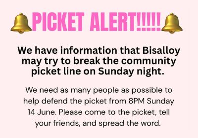 Artwork and main image for event listing "Picket Alert!" 8pm 14/06/2026 Bisalloy Steel Picket, Unanderra NSW