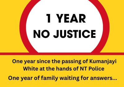 Artwork ahd main image for event listing "1 Year No Justice National Day of Action" 6pm 15/06/2026 Redfern Police Station, Lawson St & Gibbons St Redfern NSW 2016