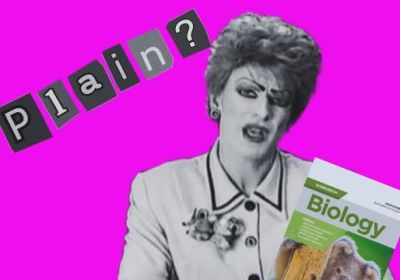 Artwork with cut-out newsprint letters that say 'pls Explain?' with Pauline Pantsdown and the cover of a Biology textbook