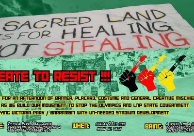 Artwork and image for event "Create to Resist! Save Victoria Park Barrambin from Olympic Stadiums – Banners n Birds creative workshop" 12pm till dark, 21/06/2026 near the intersection of Victoria Park Rd & Carraway St Kelvin Grove QLD 4006