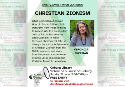 Artwork and image for event "Seminar: Christian Zionism" 5:30pm-7pm 21/06/2026 Coburg Library, 36 Louisa St, Coburg VIC 3058