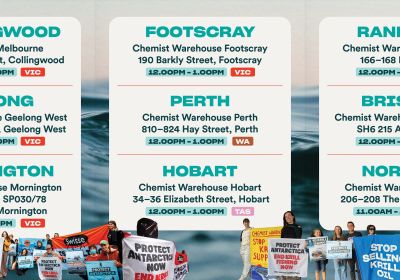 Artwork and image for protests around Australia "Stop Krilling Antartica" on 30/06/2026
