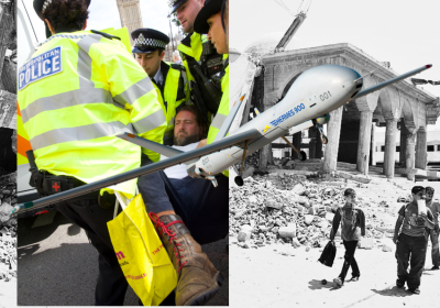 protester being arrested, drone, Gaza in ruins