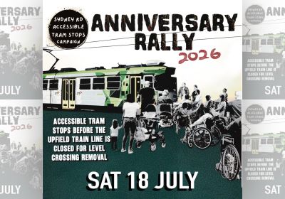 Artwork and image for event "Accessible Trams Stops on Sydney Road Anniversary Rally", 11am 18/07/2026 Wilson Ave & Sydney Road Brunswick VIC 3056