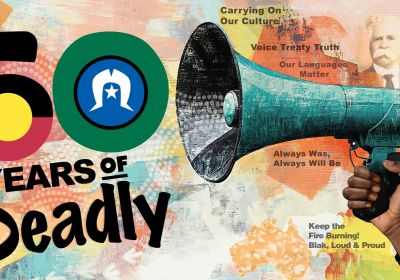 Artwork and image celebrating NAIDOC 50 Years Deadly