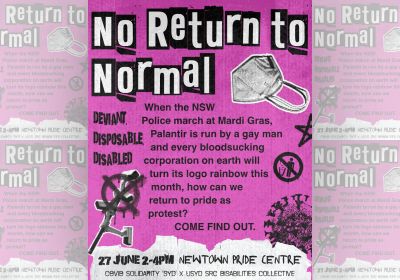 Artwork and image for event "No Return To Normal: Deviant, Disposable, Disabled" 2pm-4pm 27/06/2026 Newtown Pride Centre, 1 Bedford St, Newtown NSW 2042