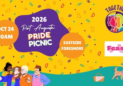 Artwork and image for event "2026 Port Augusta Pride Picnic" 10am 24/10/2026 Eastside Foreshore, El Alamein Rd, Port Augusta West SA 5700