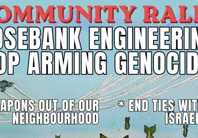 Artwork and image for event "Community rally – Rosebank Engineering: Stop Arming Genocide!" Rosebank Engineering, 836 Mountain Hwy, Bayswater VIC 3153