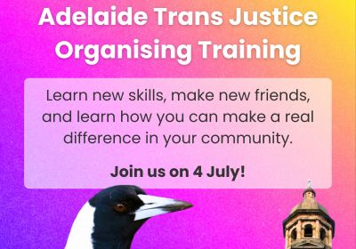 Artwork and image for event "Adelaide Trans Justice Organising Training" 10am-4:30pm 04/07/2026 SA Unions, 254 Waymouth Street, Tarntanya SA 5000