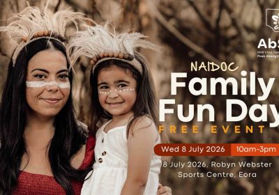 Artwork and image for event "AbSec's 2026 NAIDOC family fun day" 10am-3pm 08/07/2026 Robyn Webster Sports Centre, Holbeach Ave, Tempe NSW 2044