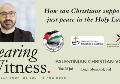 Artwork and image for event "Bearing Witness: Palestinian Christian Voices Speaking Tour" 6:30pm-8:30pm 29/07/2026 Leigh Memorial Church 119 Macquarie St, Parramatta NSW 2150