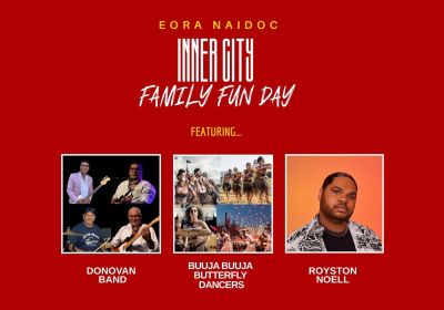 Artwork and image for event "Eora NAIDOC Inner City Family Fun Day" 10am-2pm 09/07/2026 Carriageworks, 245 Wilson St, Eveleigh NSW 2015