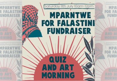 Artwork and image for event "Mparntwe for Falastin Quiz and Art Morning Fundraiser" 10am-12pm 11/07/2026 Watch This Space, 8 Gap Rd, The Gap NT 0870