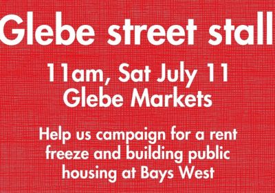 Artwork and image for event "Socialist Alliance Glebe St campaign stall" 11am 11/07/2026 Glebe Markets, Derby Place, Glebe Point Rd, Glebe NSW 2037
