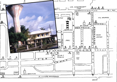 Hand-drawn map and photo of the Biak water tower