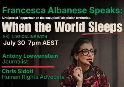 Artwork and image for event "Francesca Albanese Speaks: When the World Sleeps" 7pm AEST online with Zoom, register now us06web.zoom.us/webinar/register/WN_e4CbCXuDR4asbGk9TNrkvQ#/registration