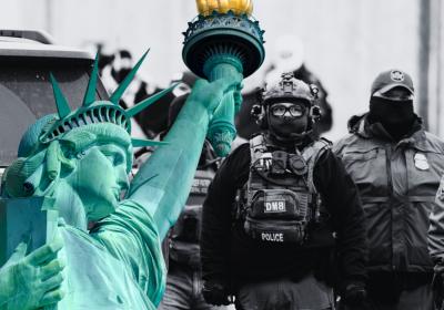 AStatue of Liberty torch, ICE agents